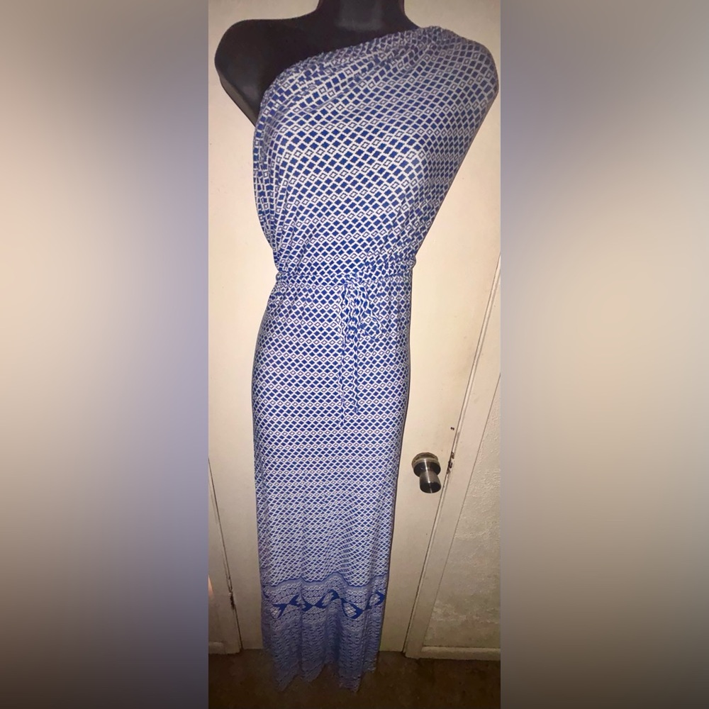 Old Navy Navy Blue & White Printed Maxi Dress | XXL | Off-the-Shoulder Option